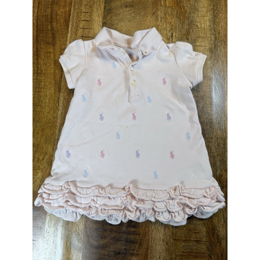 Polo Ralph Lauren Baby Girls 18M Pink Multi Pony Ruffle Polo Dress Cotton